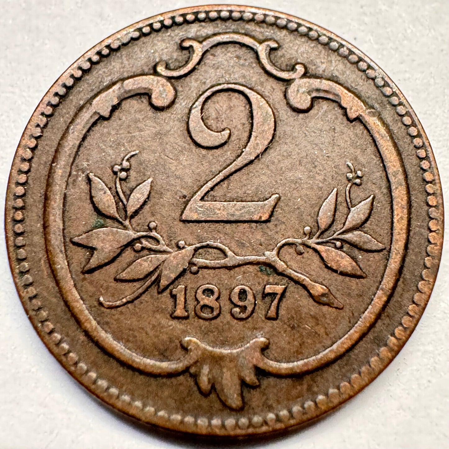 1897 Austria 2 Heller - Rare Condition - Beautiful Coin - #A-019