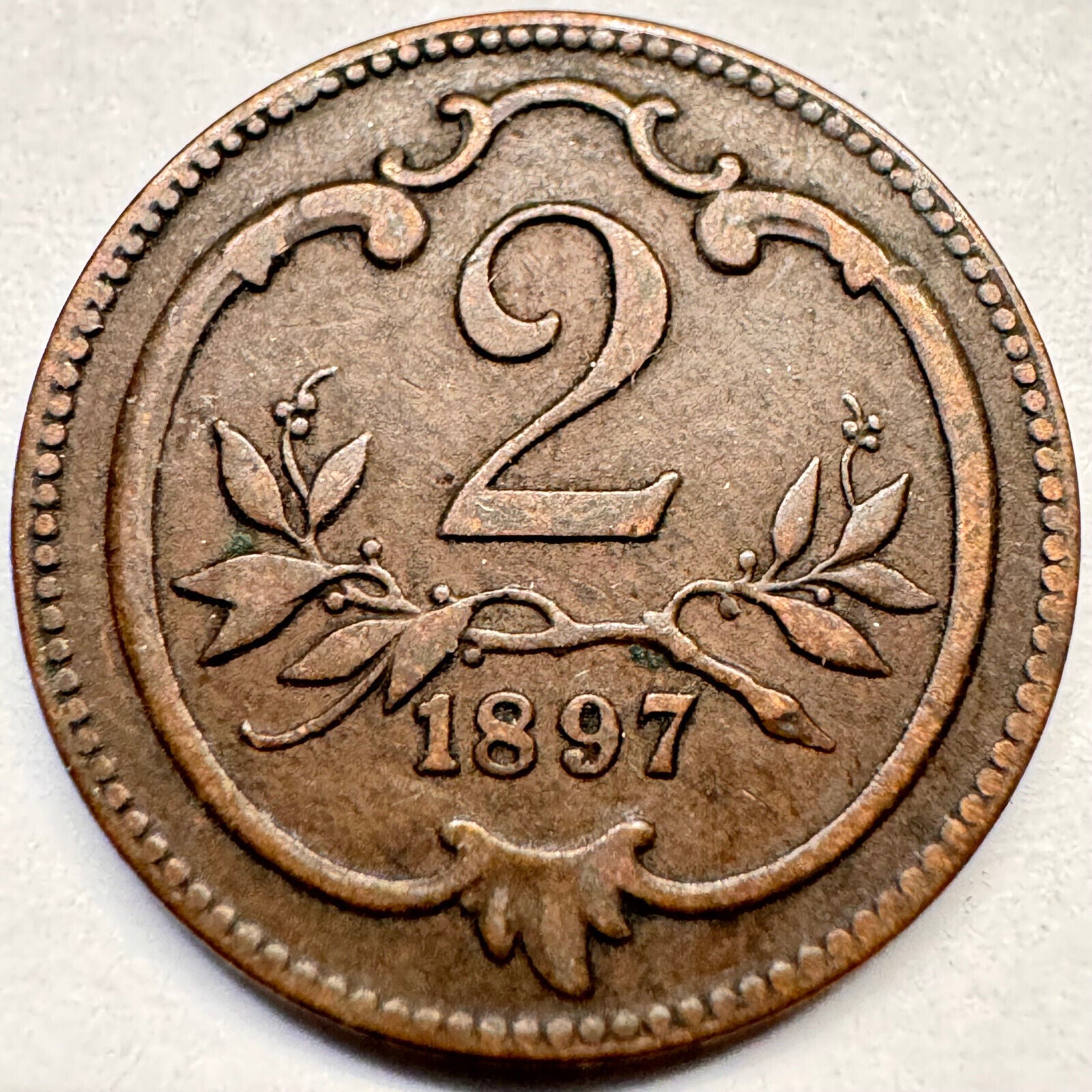1897 Austria 2 Heller - Rare Condition - Beautiful Coin - #A-019