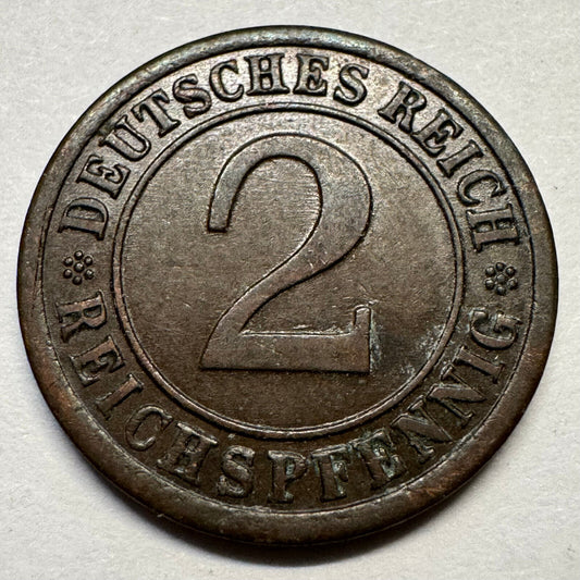 1924 Germany 2 Reichspfennig - Beautiful Coin - #A-084