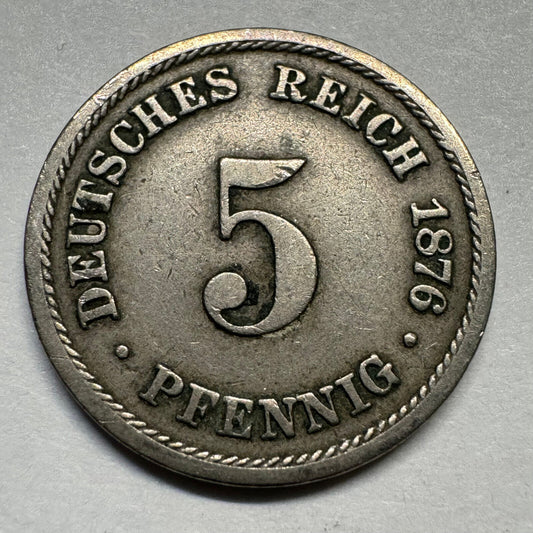 1876 Germany 5 Pfennig - Rare Condition - Beautiful Coin - #A-006