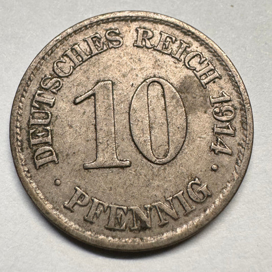 1914 Germany 10 Pfennig - E - Beautiful Coin - #A-059