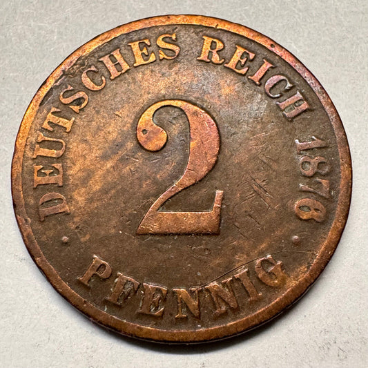 1876 Germany 2 Pfennig - G - Beautiful Coin - #A-031