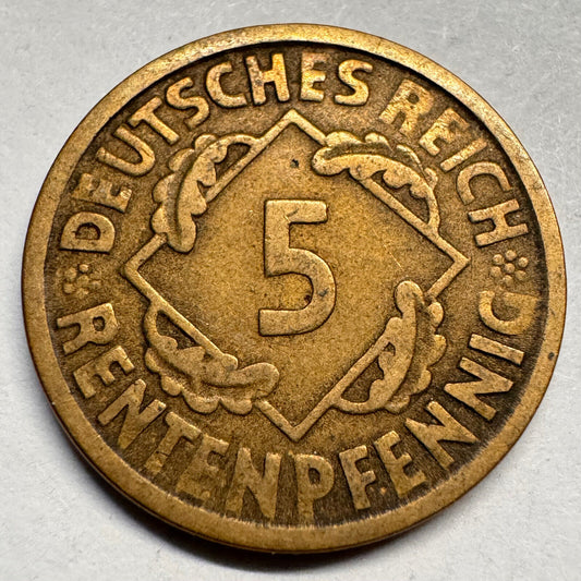 1924 Germany 5 Rentenpfennig - J - Beautiful Coin - #A-039