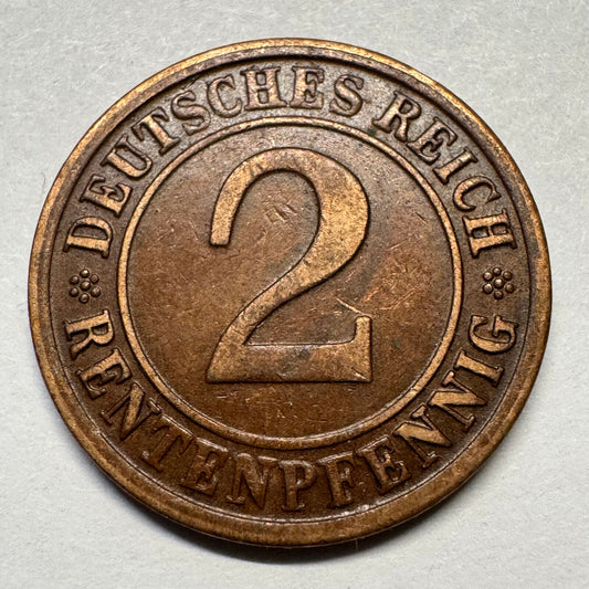 1923 Germany 2 Rentenpfennig - Beautiful Coin - #A-090