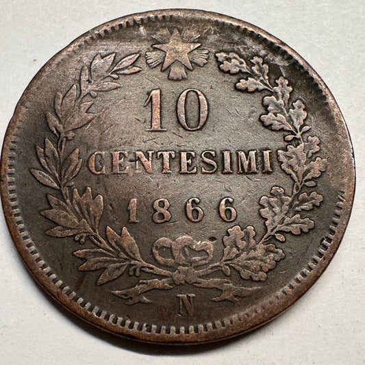 1866 Italy 10 Centesimi - Beautiful Coin - #A-039