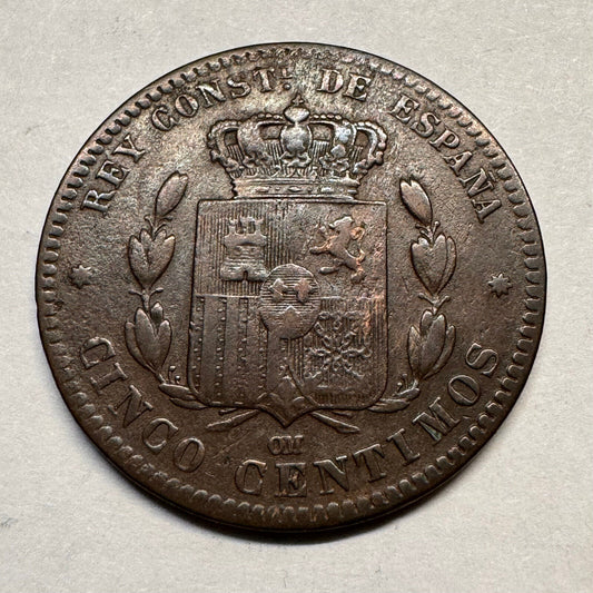 1877 Spain 5 Centimos - Alfonso XII - Beautiful Coin - #A-015