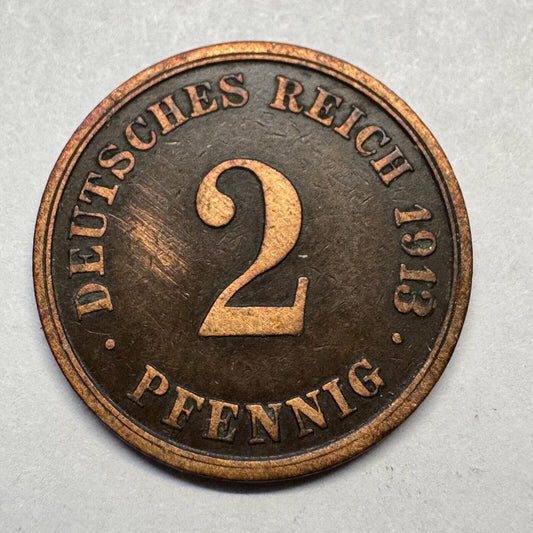 1913 Germany 2 Pfennig - Beautiful Coin - #A-097