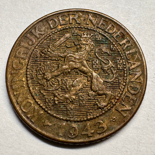 1943 Netherlands 1 Cent - Brass - Beautiful Coin - #A-040