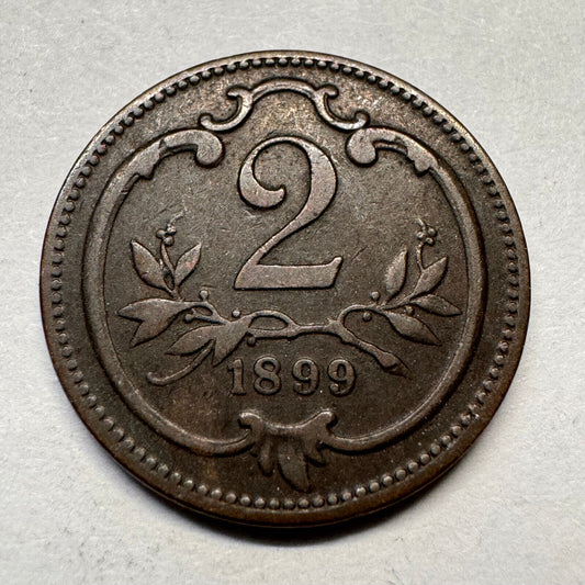 1899 Austria 2 Heller - Beautiful Coin - #A-036