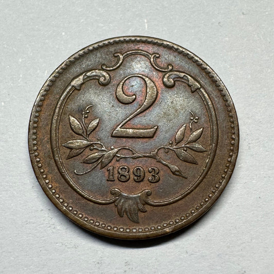 1893 Austria 2 Heller - Beautiful Coin - #A-011