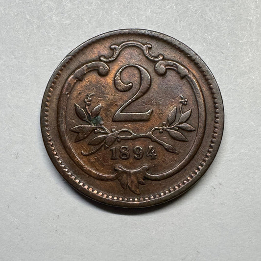 1894 Austria 2 Heller - Beautiful Coin - #A-098