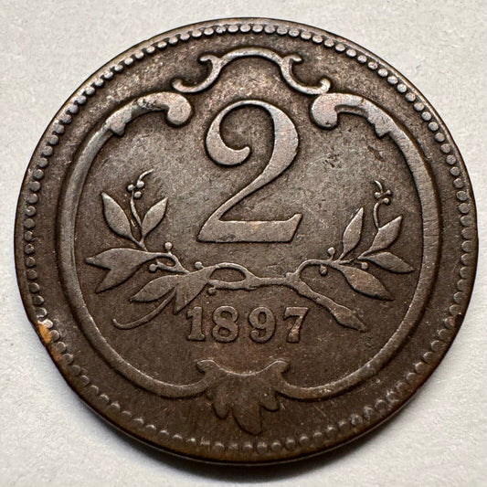 1897 Austria 2 Heller - Beautiful Coin - #A-041