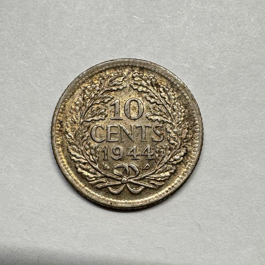 1944 Netherlands 10 Cents - Silver - Beautiful Coin - #B-016