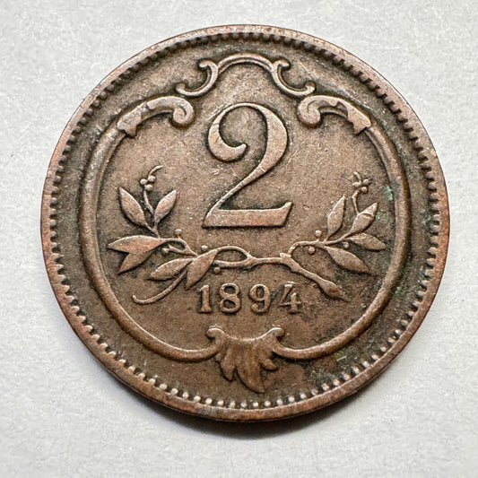 1894 Austria 2 Heller - Beautiful Coin - #A-015