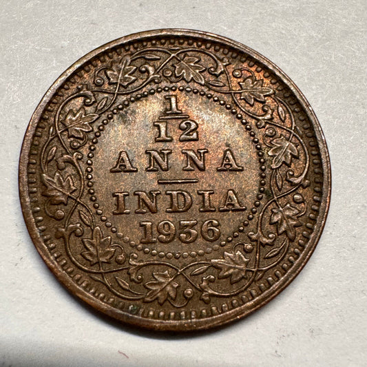 1936 India 1/12 Anna - Rare Condition - Beautiful Coin - #A-018