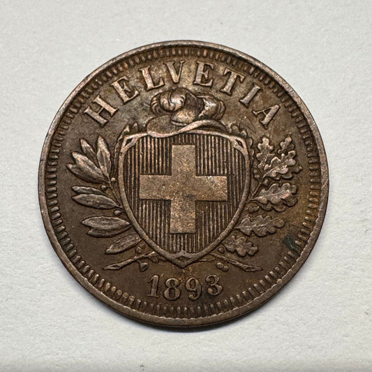 1893 Switzerland 2 Rappen - Beautiful Coin - Lot #B-044