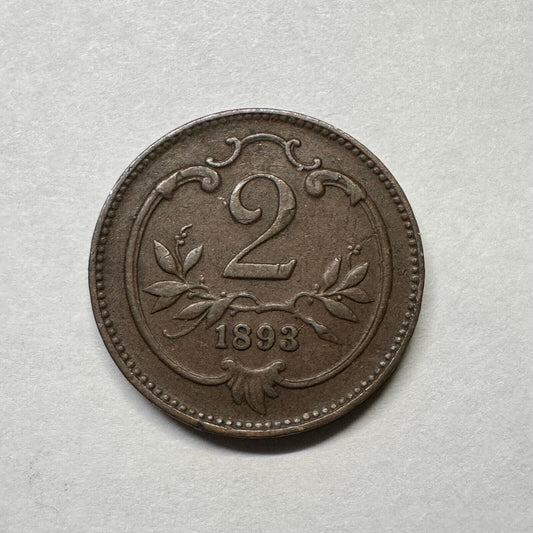 1893 Austria 2 Heller - Beautiful Coin - #B-016