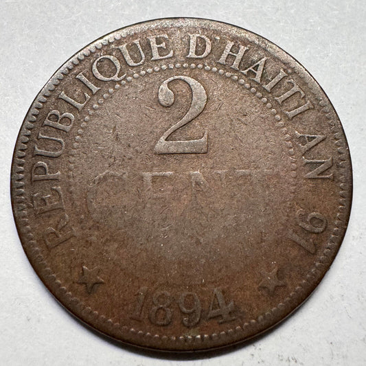 1894 Haiti 2 Cents - Lower Details - Beautiful Coin - #A-043