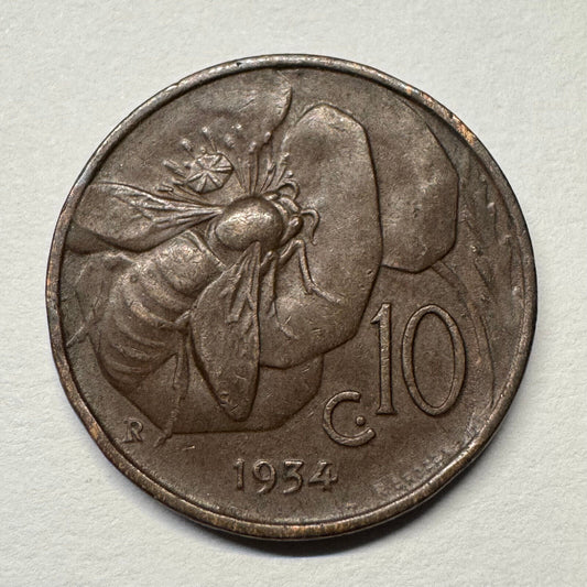 1934 Italy 10 Centesimi - Beautiful Coin - Lot #B-044
