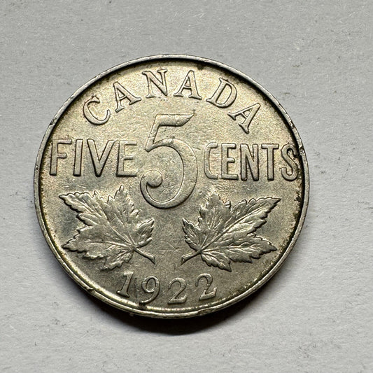1922 Canada 5 Cents- Beautiful Coin - #A-003