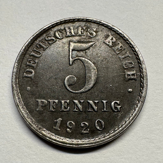 1920 Germany 5 Pfennig - Zinc Clad Iron - Beautiful Coin - #B-057