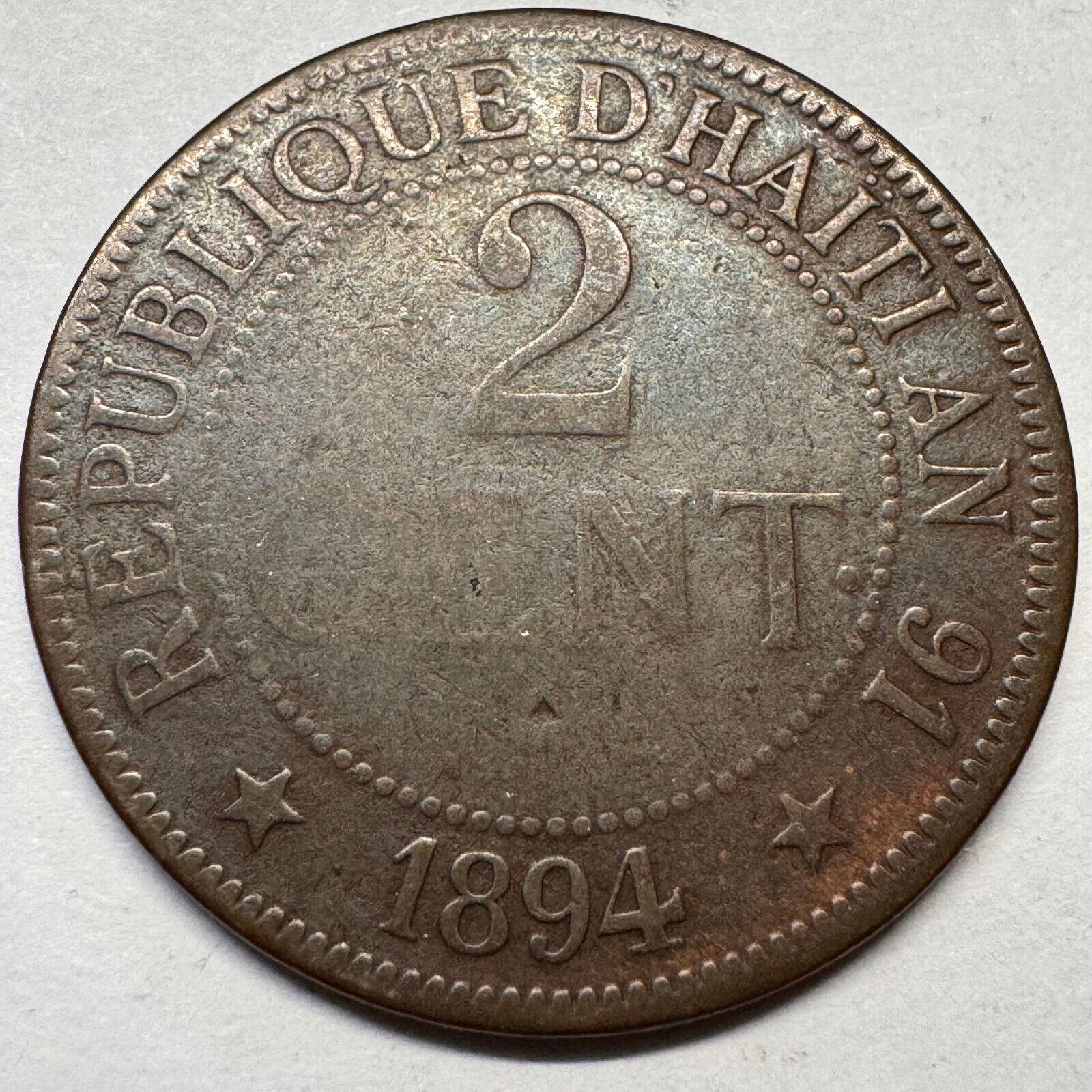 1894 Haiti 2 Cents - Lower Details - Beautiful Coin - #A-036