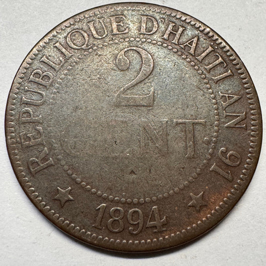 1894 Haiti 2 Cents - Lower Details - Beautiful Coin - #A-036