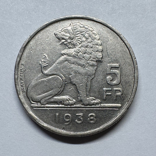 1938 Belgium 5 Francs - Beautiful Coin - #B-017