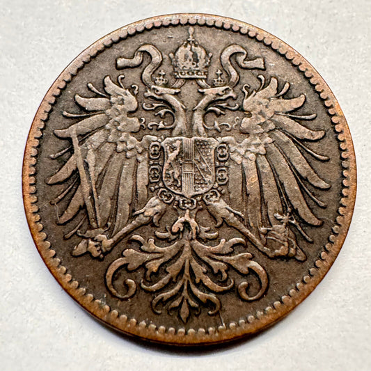 1897 Austria 2 Heller - Rare Condition - Beautiful Coin - #A-019
