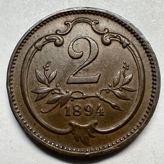 1894 Austria 2 Heller - Beautiful Coin - #A-079