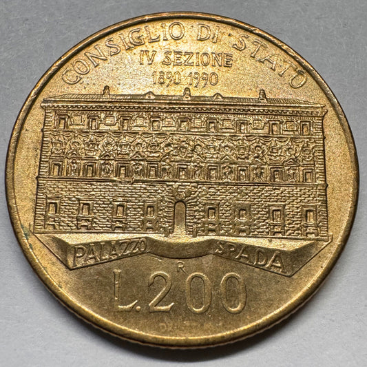 1990 Italy 200 Lire - State Council - Beautiful Coin - #A-028